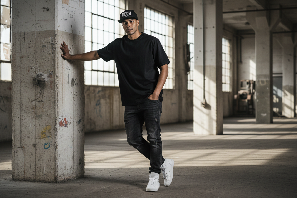Modelo con gorra negra 12TH en locación industrial