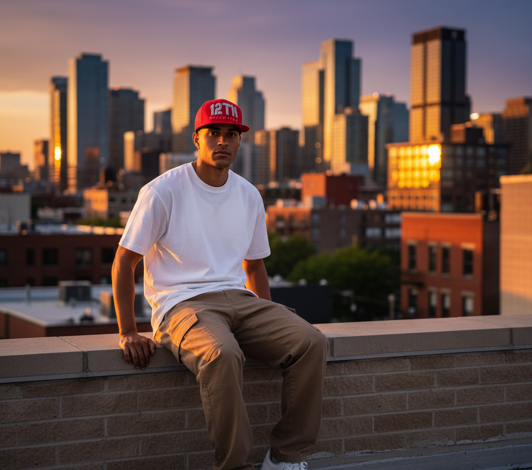 Modelo con gorra roja 12TH en rooftop