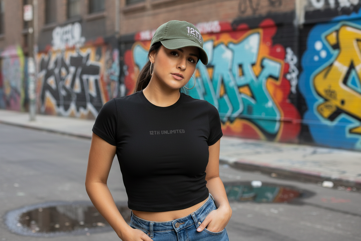 Modelo con gorra verde militar 12TH en locación urbana