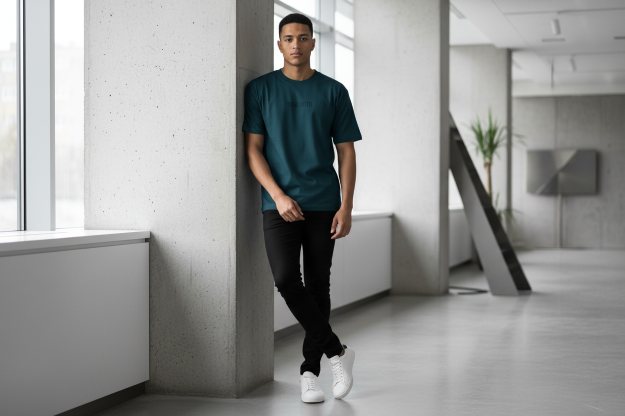 Camiseta clarity apoyado en pared