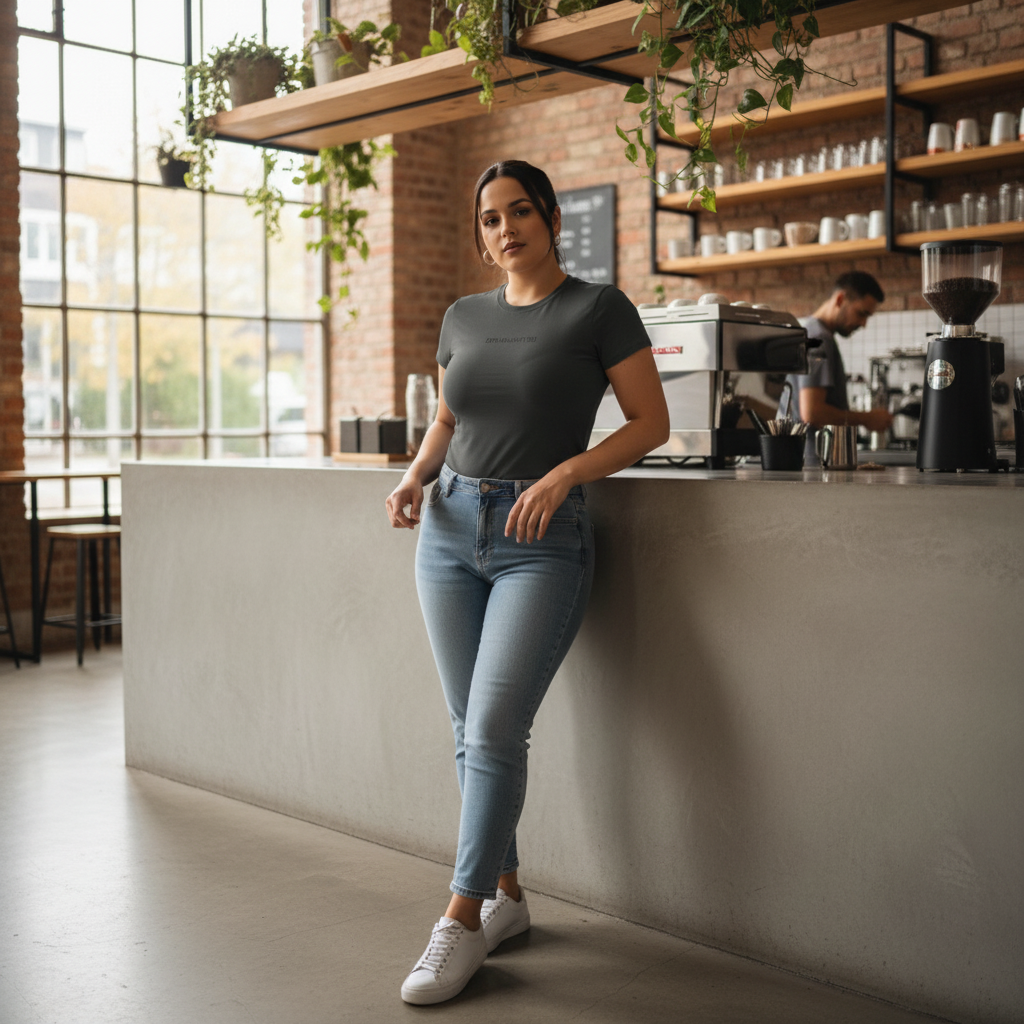 Camiseta gris en cafetería
