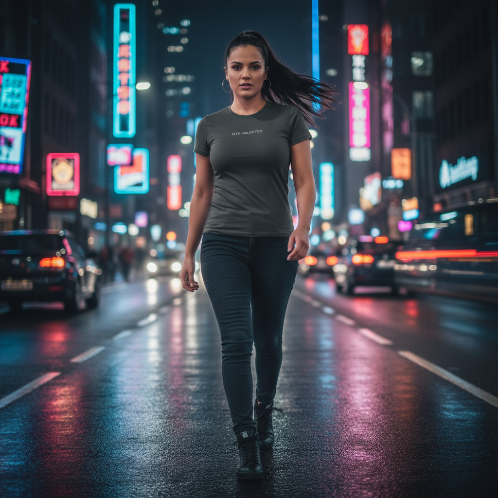 Camiseta gris en calle nocturna