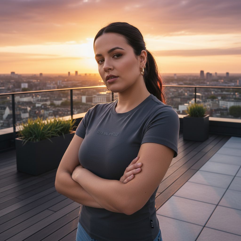 Camiseta gris en terraza