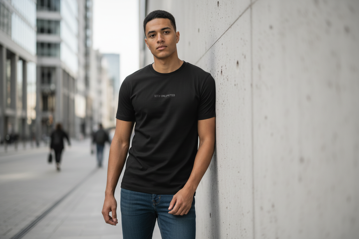 Camiseta negra básica apoyado en pared