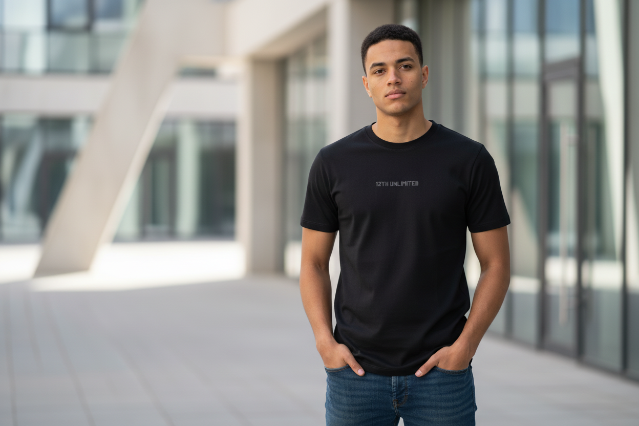 Camiseta negra básica manos en bolsillos