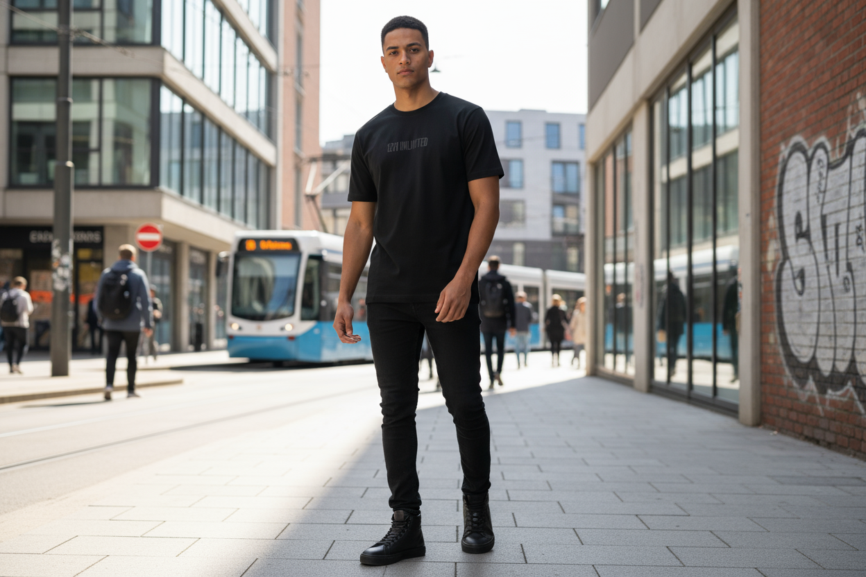 Camiseta negra básica pose dinámica