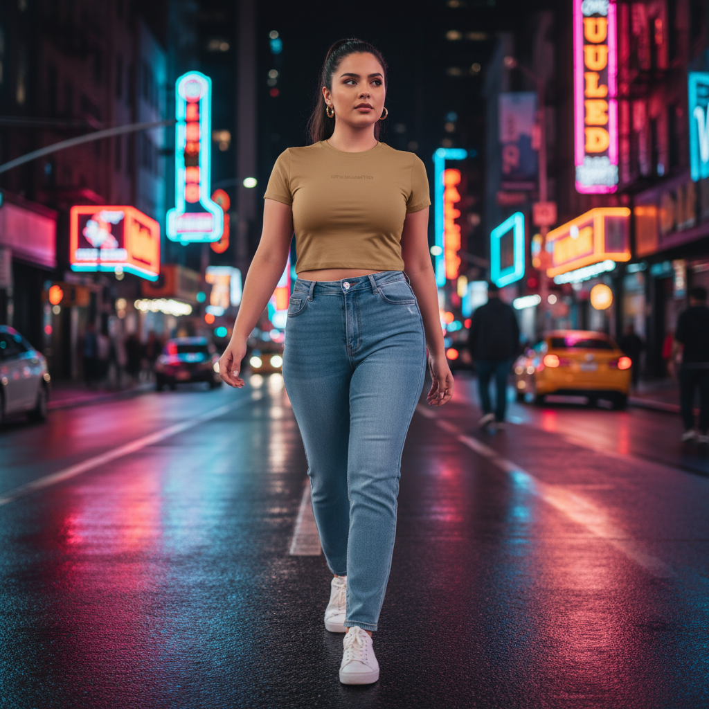 Crop top café en calle nocturna