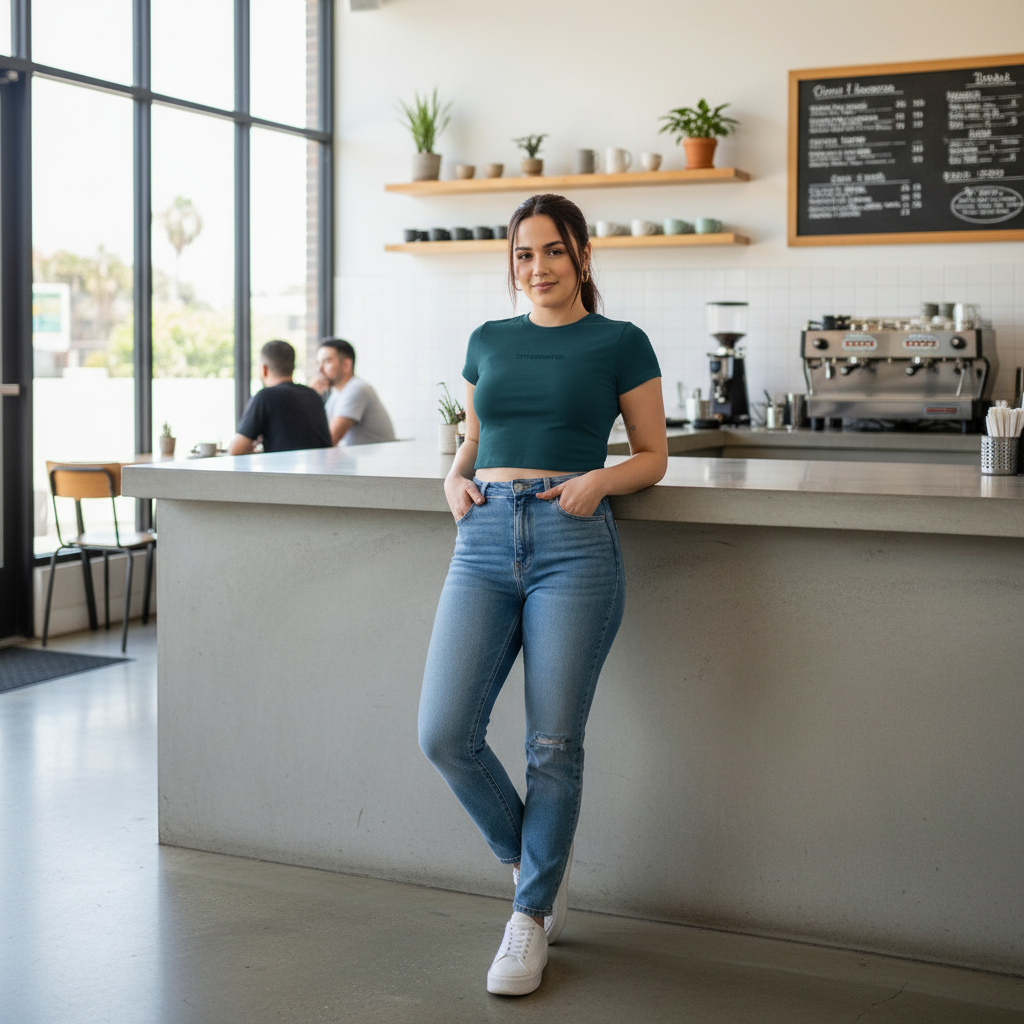 Crop top verde en cafetería