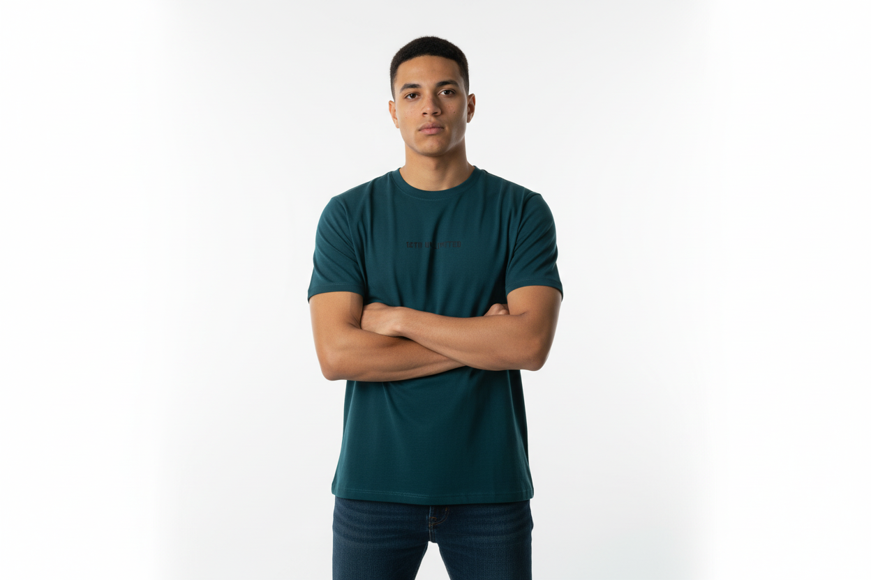 Modelo camiseta verde fondo blanco