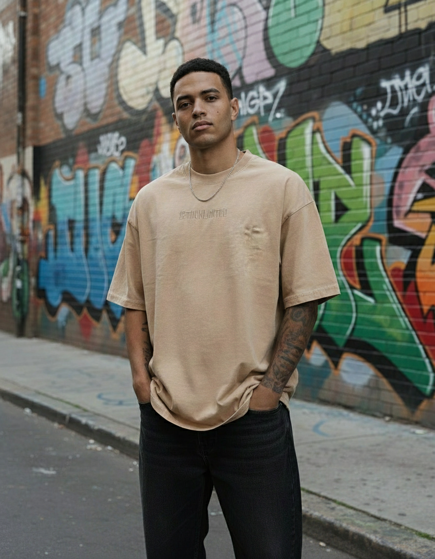 Modelo con camiseta beige oversized en locación urbana