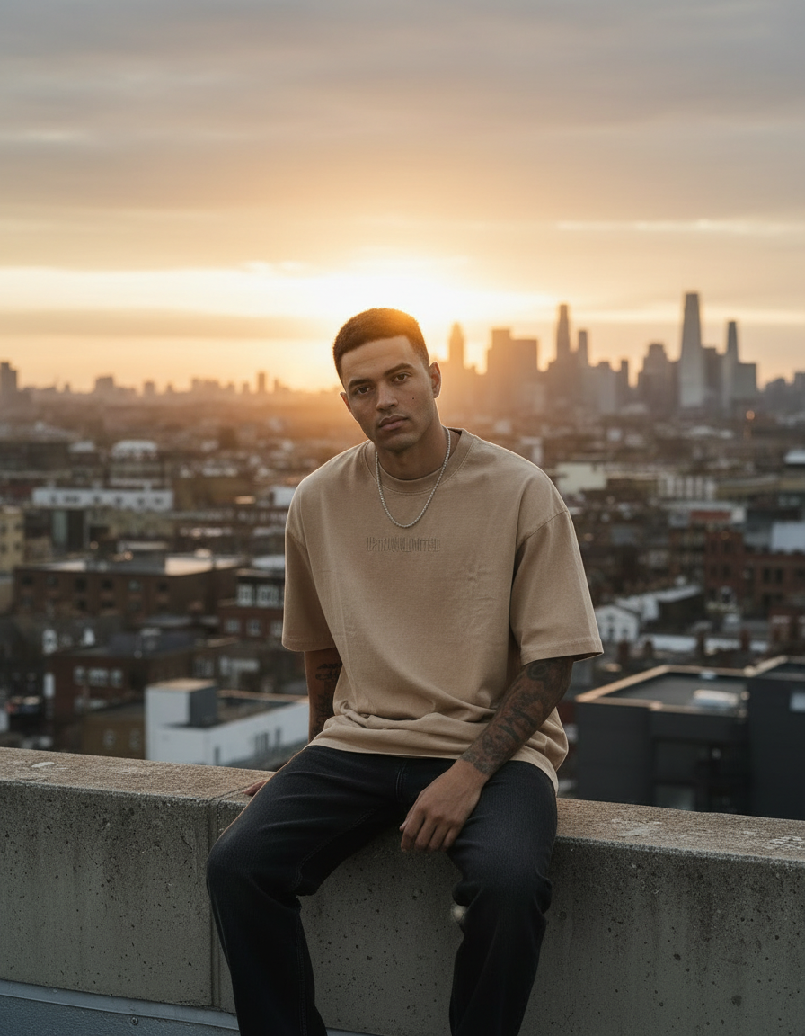 Modelo con camiseta beige oversized en rooftop