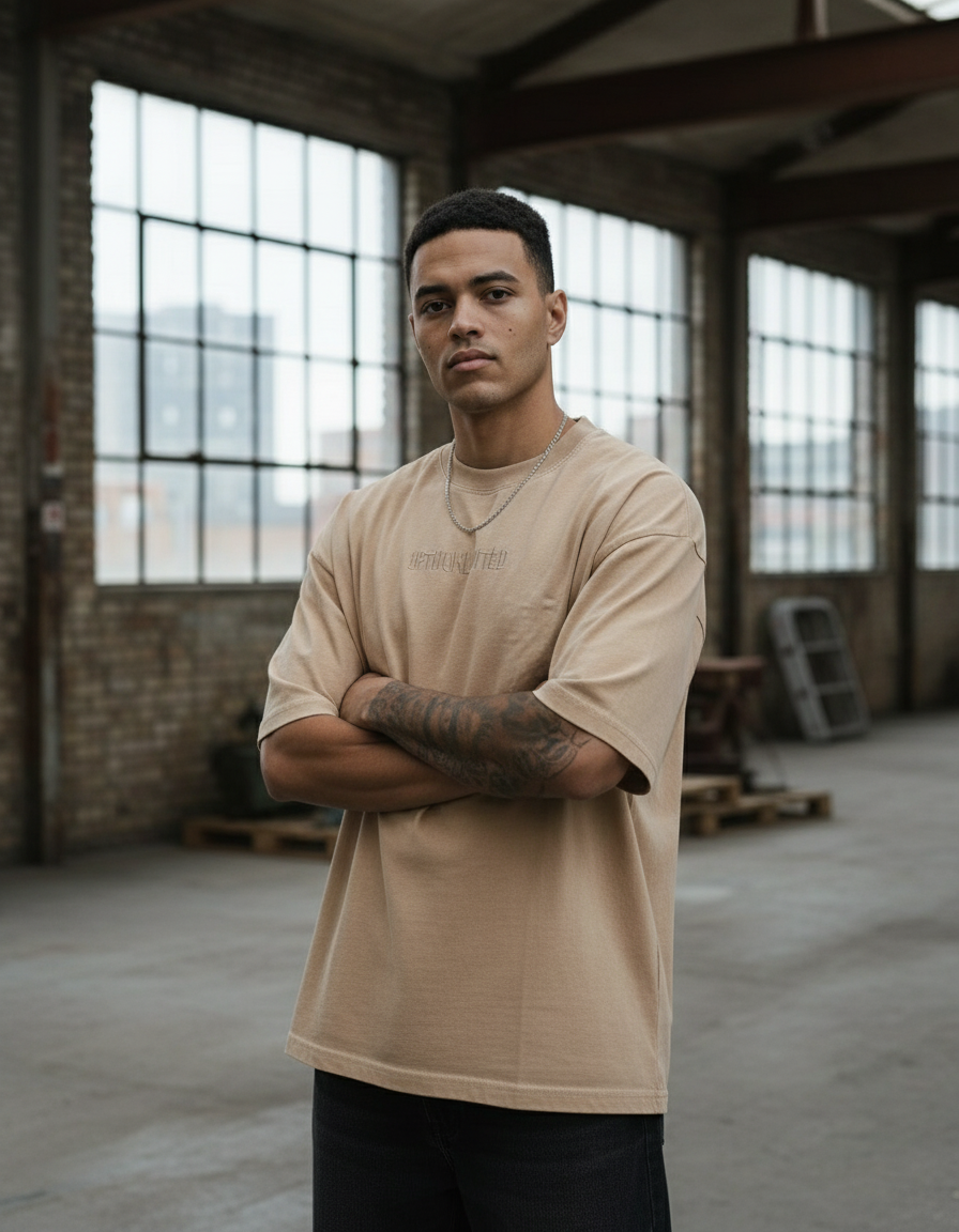 Modelo con camiseta beige oversized en warehouse