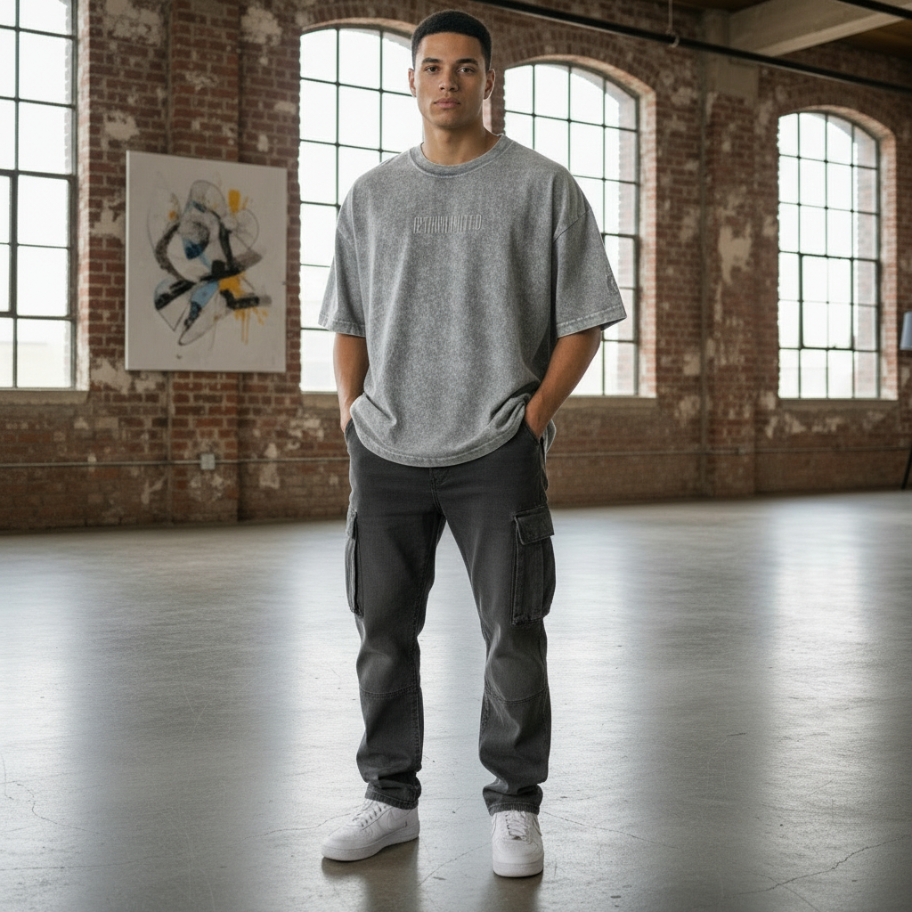 Modelo con camiseta gris 12TH UNLIMITED