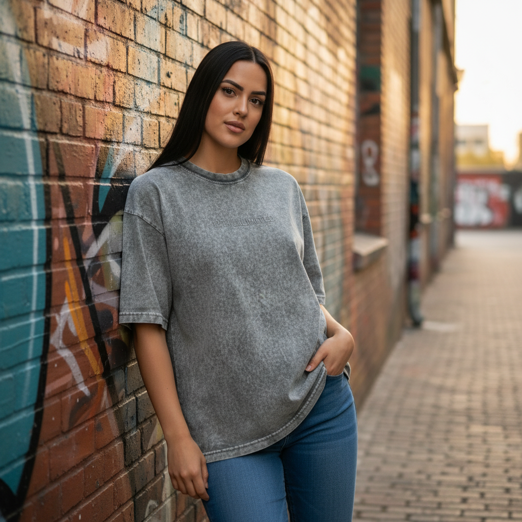 Modelo con camiseta gris en muro urbano