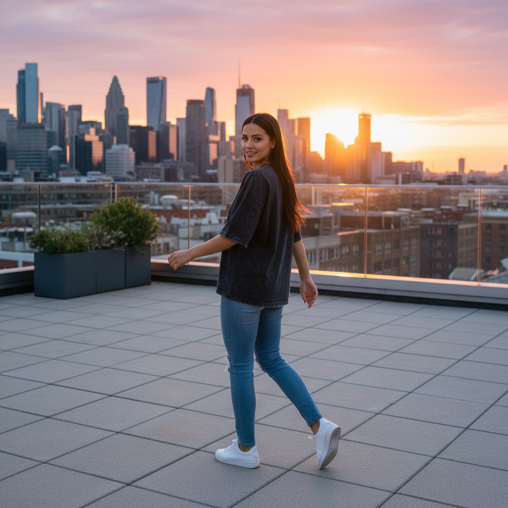 Modelo con camiseta negra en rooftop