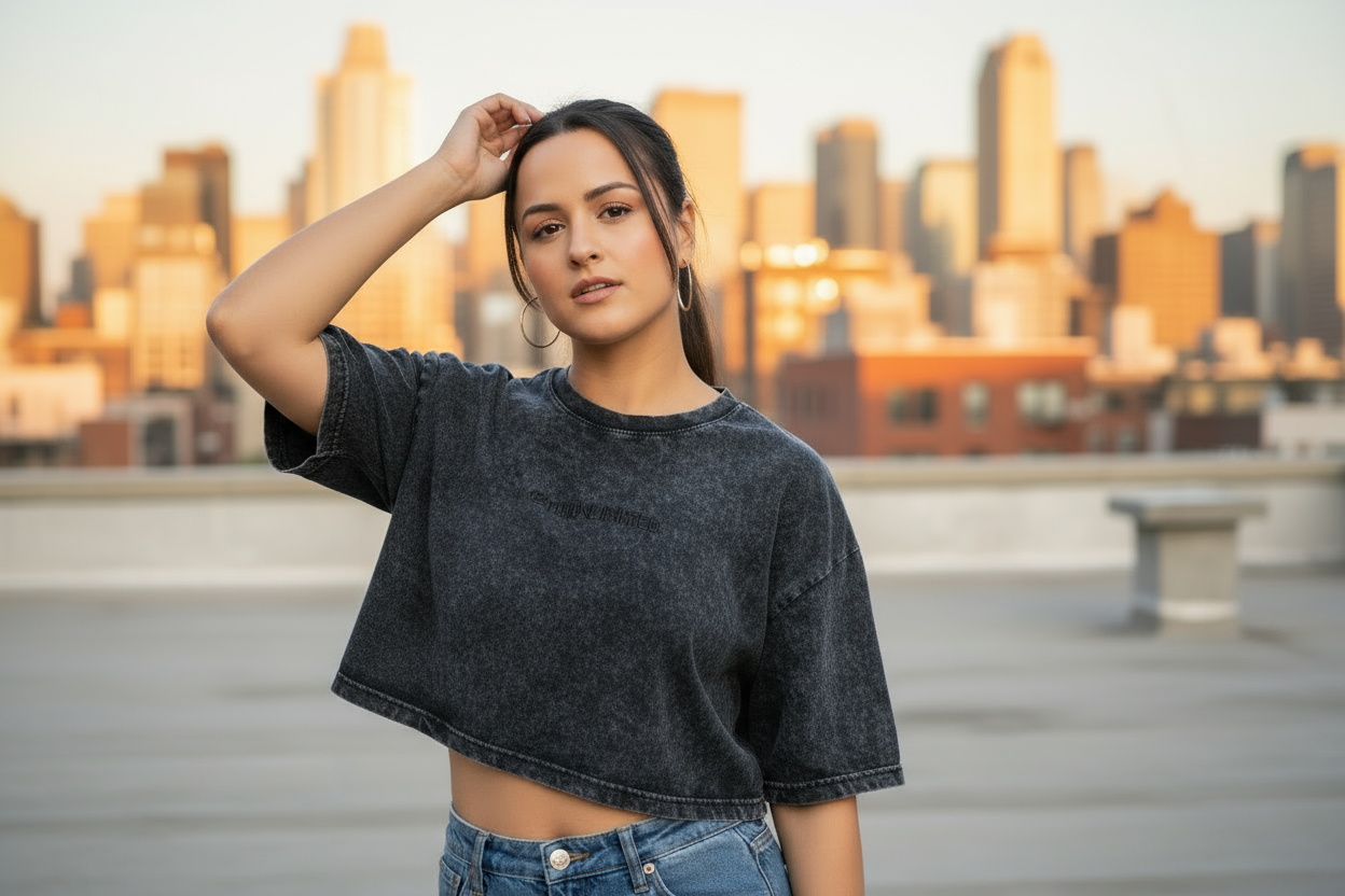 Modelo con crop top negro en rooftop
