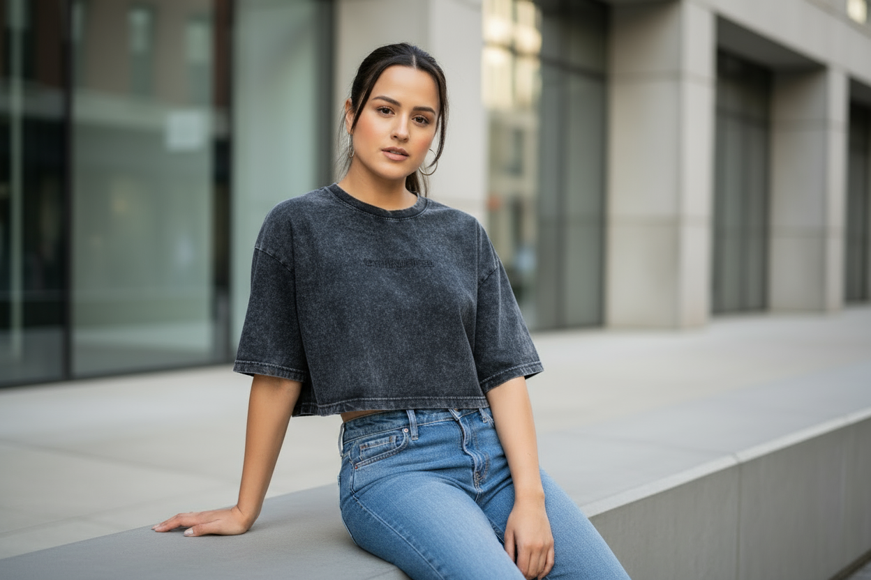 Modelo con crop top negro sentada