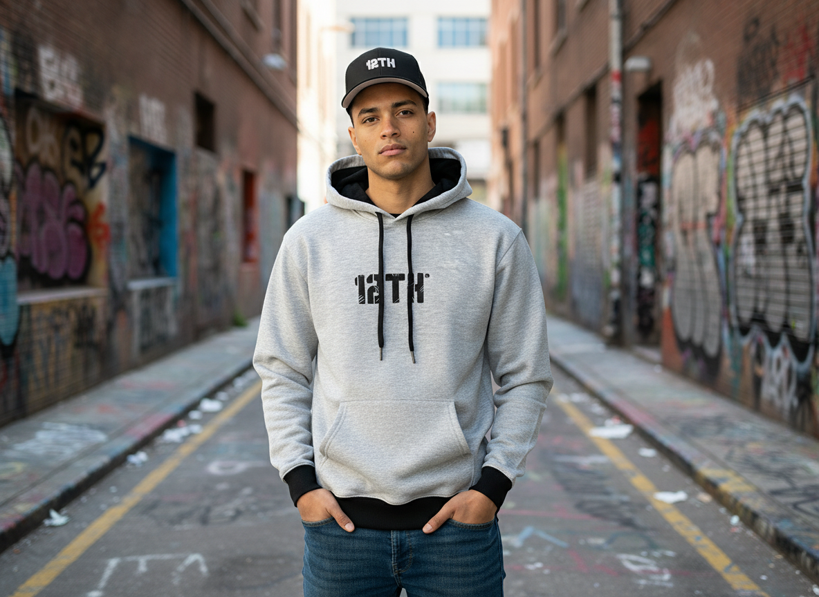 Modelo con gorra 12TH en locación urbana