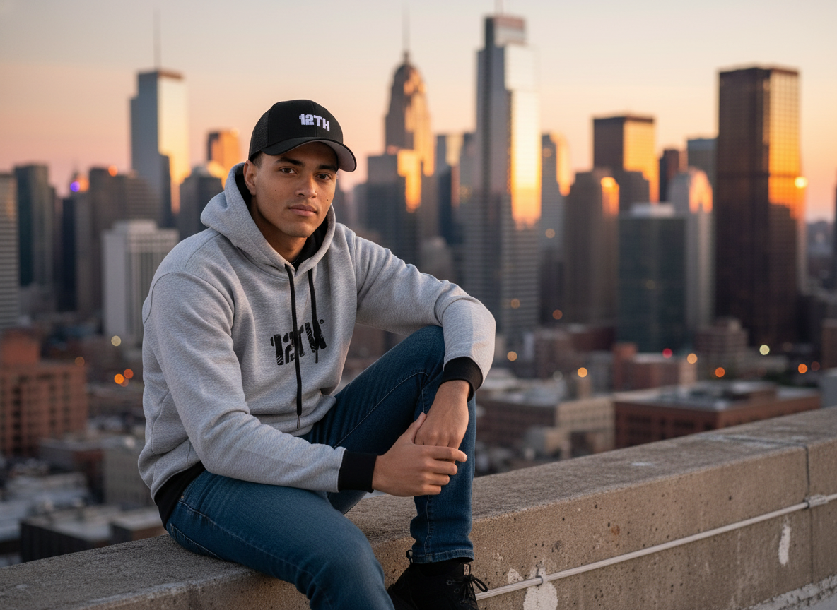 Modelo con gorra 12TH en rooftop urbano