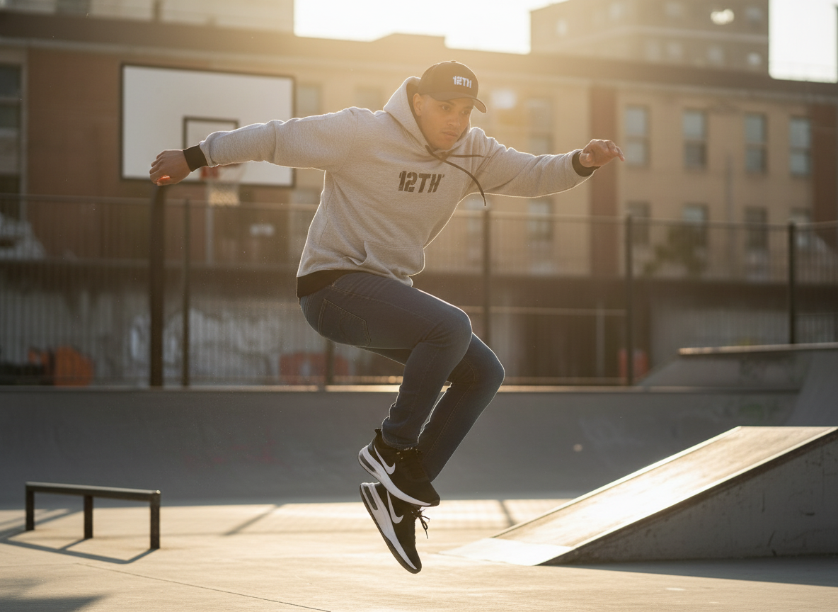 Modelo con gorra 12TH en skate park