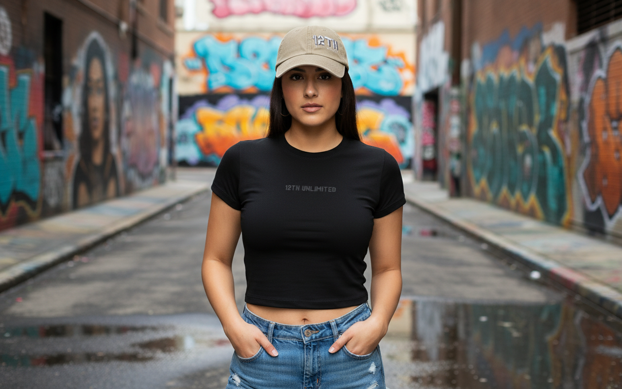 Modelo con gorra beige 12TH en locación urbana - corregida