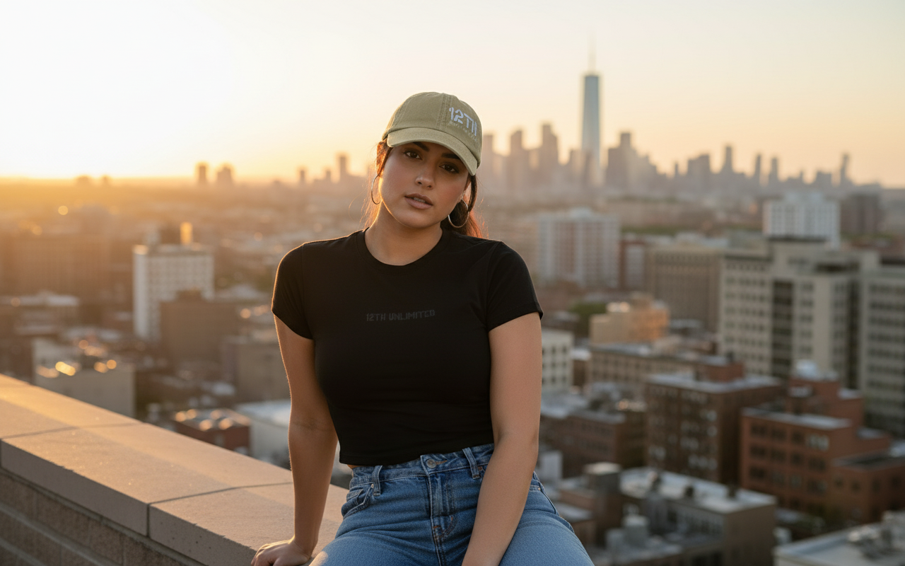 Modelo con gorra beige desgastada 12TH en rooftop