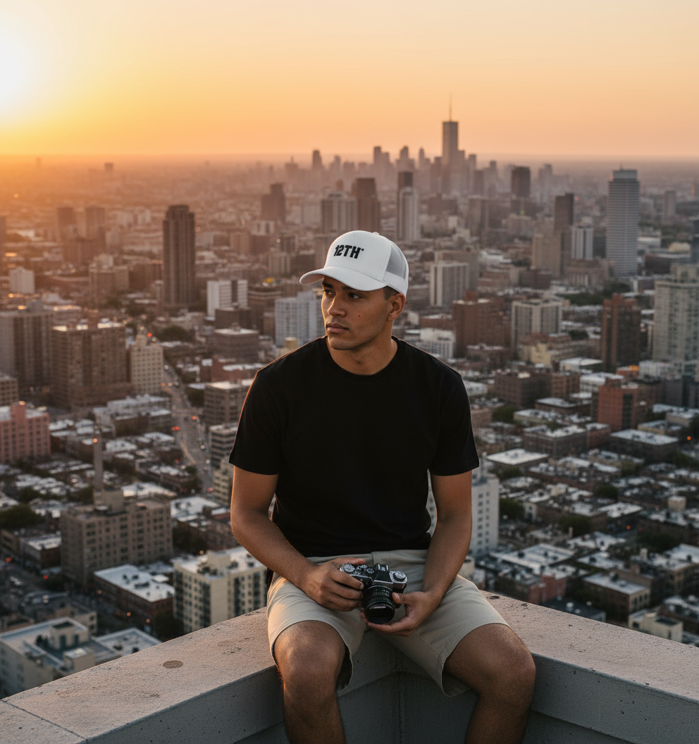 Modelo con gorra blanca 12TH en rooftop