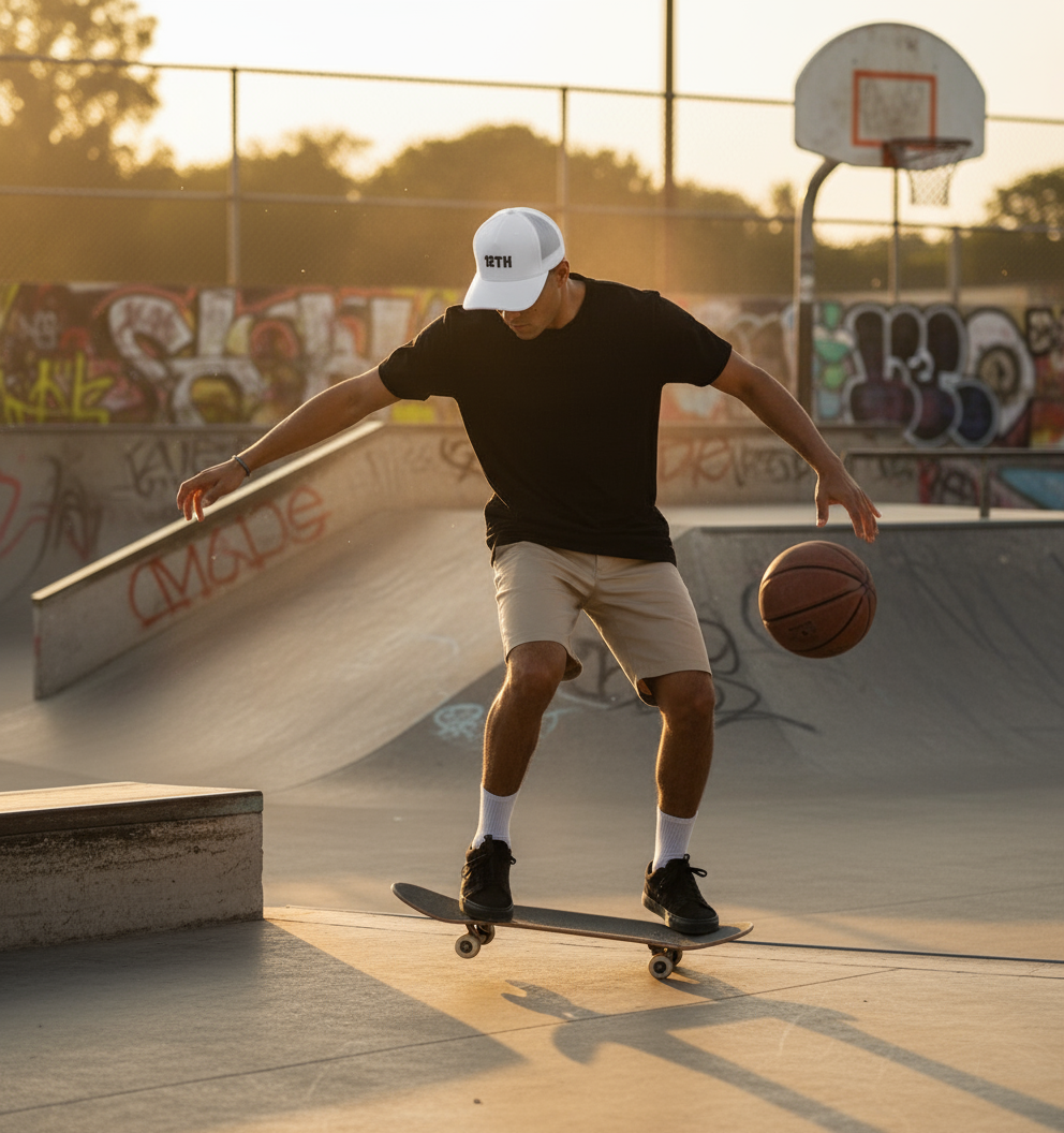 Modelo con gorra blanca 12TH en skate park
