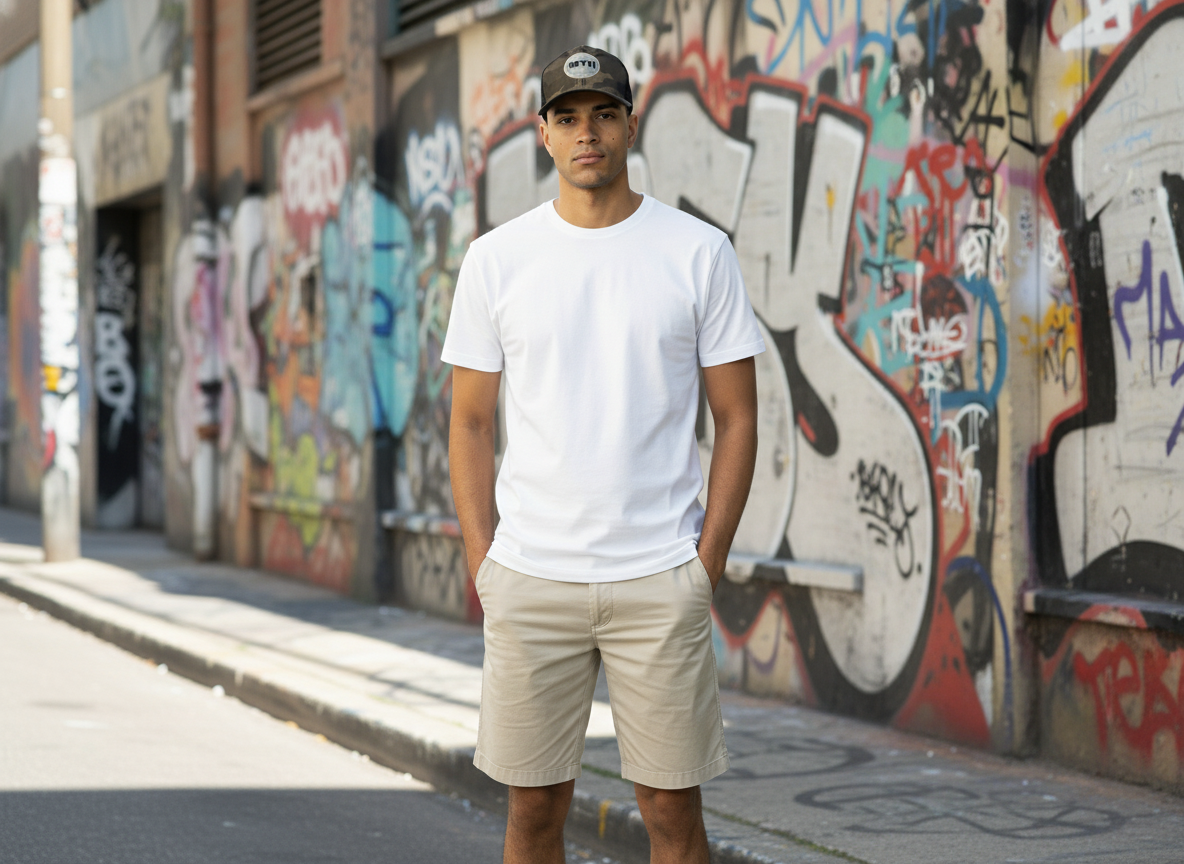 Modelo con gorra camuflada 12TH en locación urbana