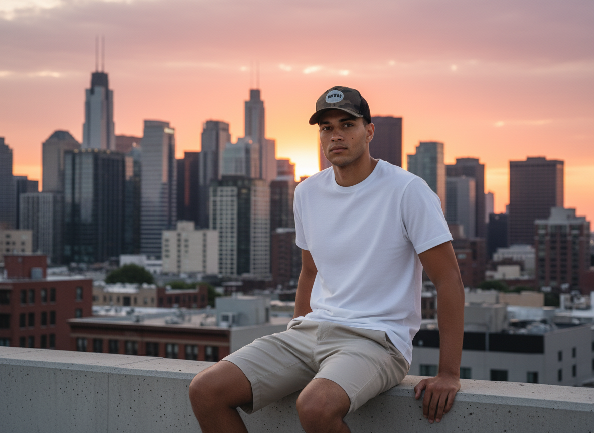 Modelo con gorra camuflada 12TH en rooftop