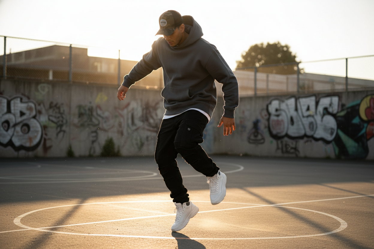 Modelo con gorra camuflada 12TH en skate park
