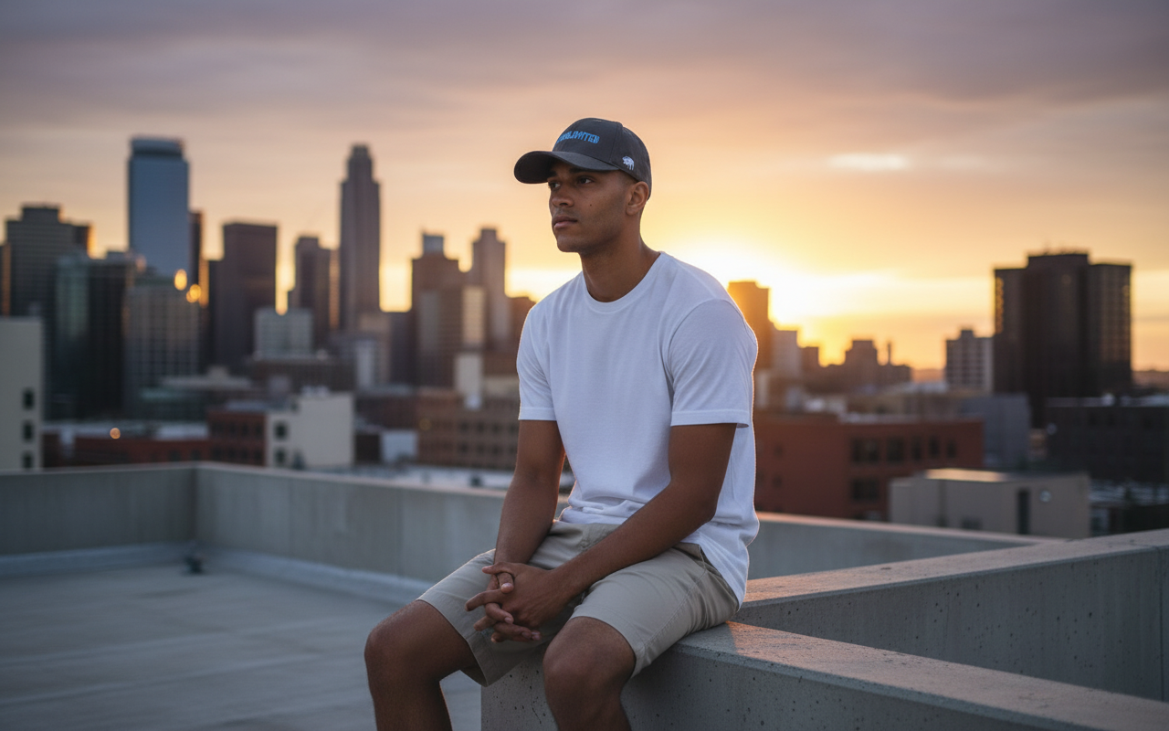 Modelo con gorra gris 12TH en rooftop