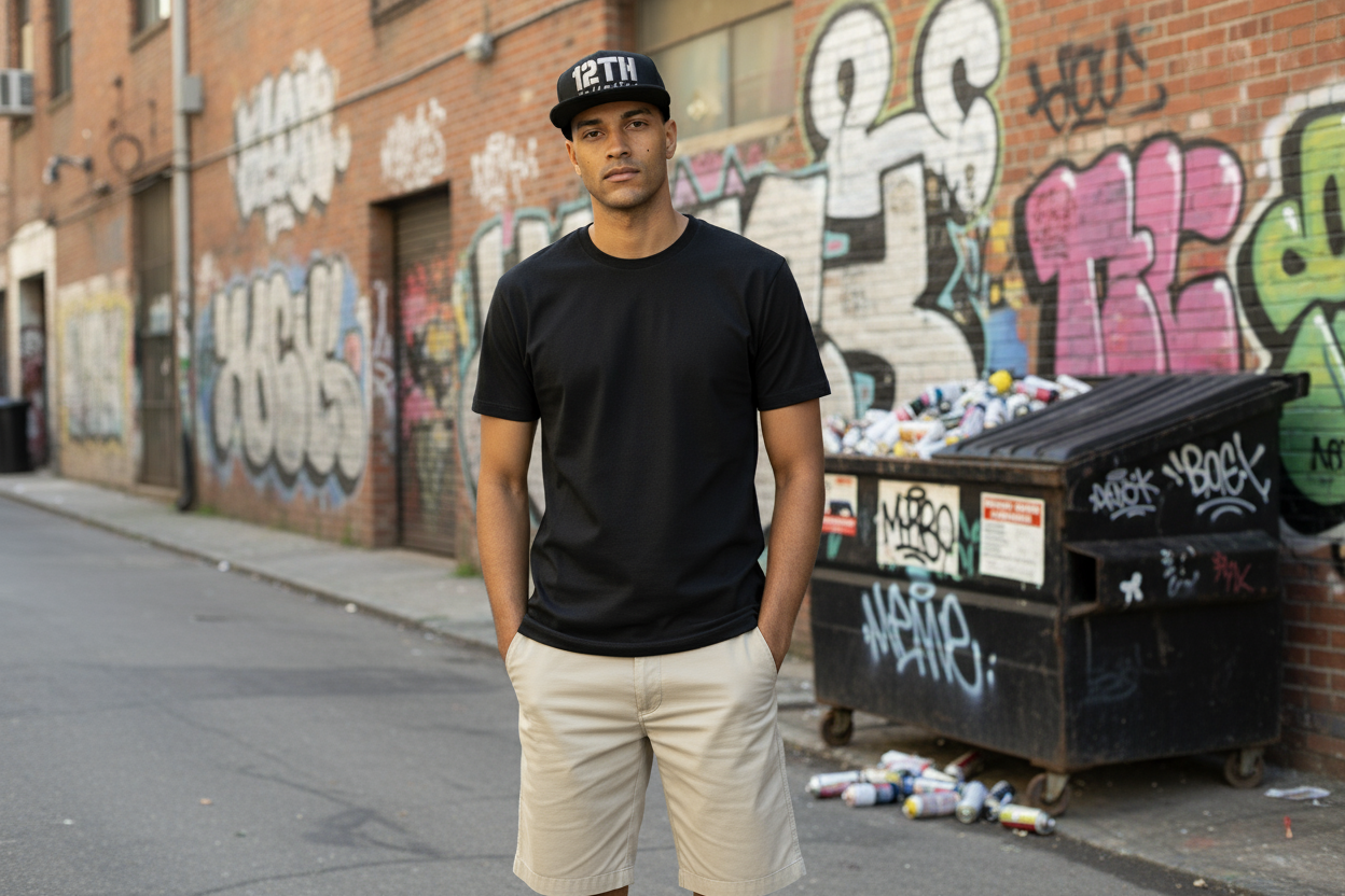 Modelo con gorra negra 12TH en locación urbana