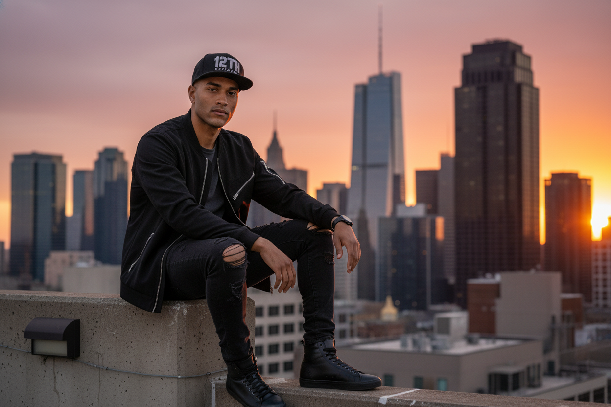 Modelo con gorra negra 12TH en rooftop