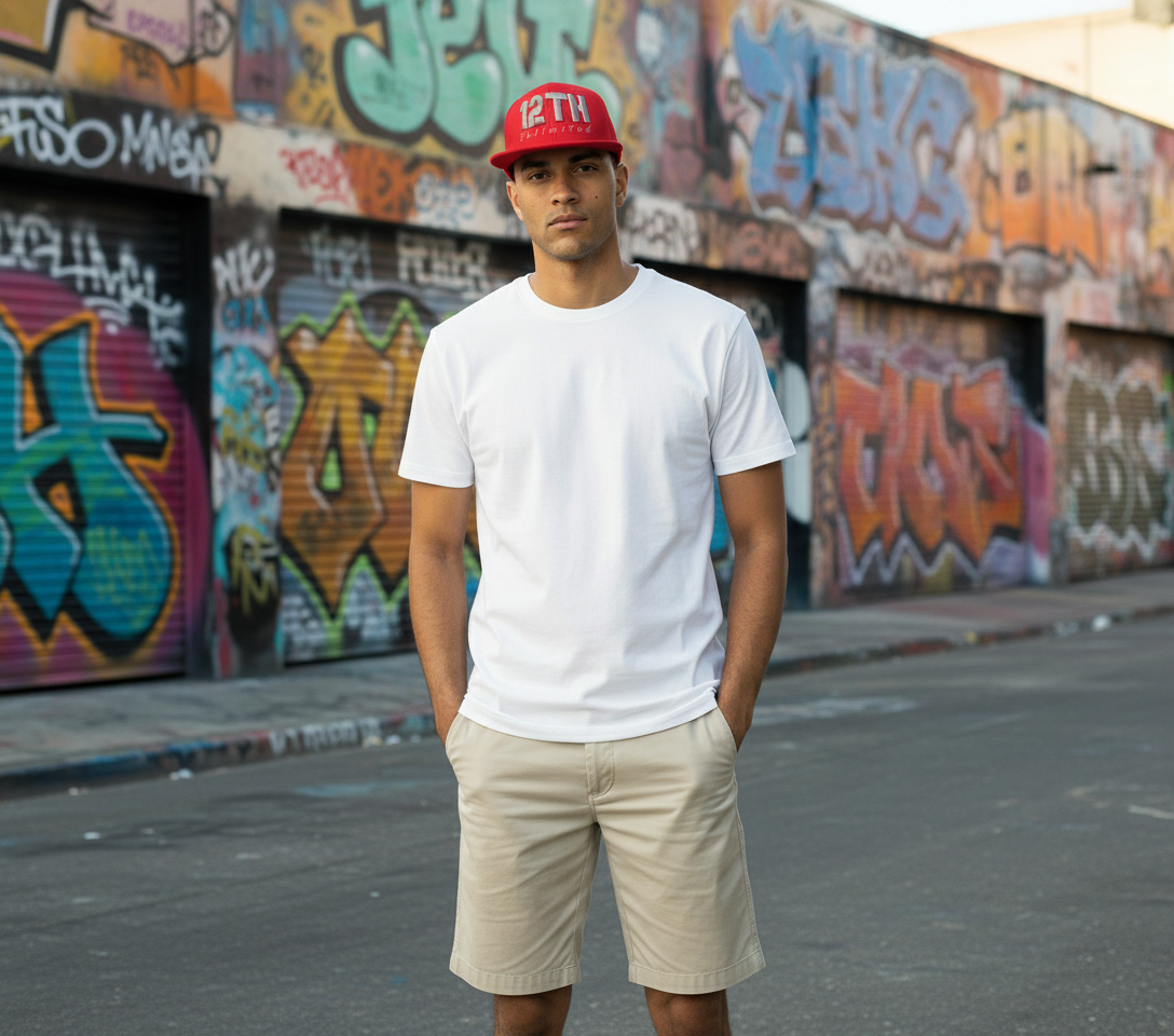 Modelo con gorra roja 12TH en locación urbana