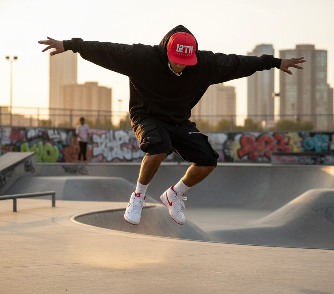 Modelo con gorra roja 12TH en skate park