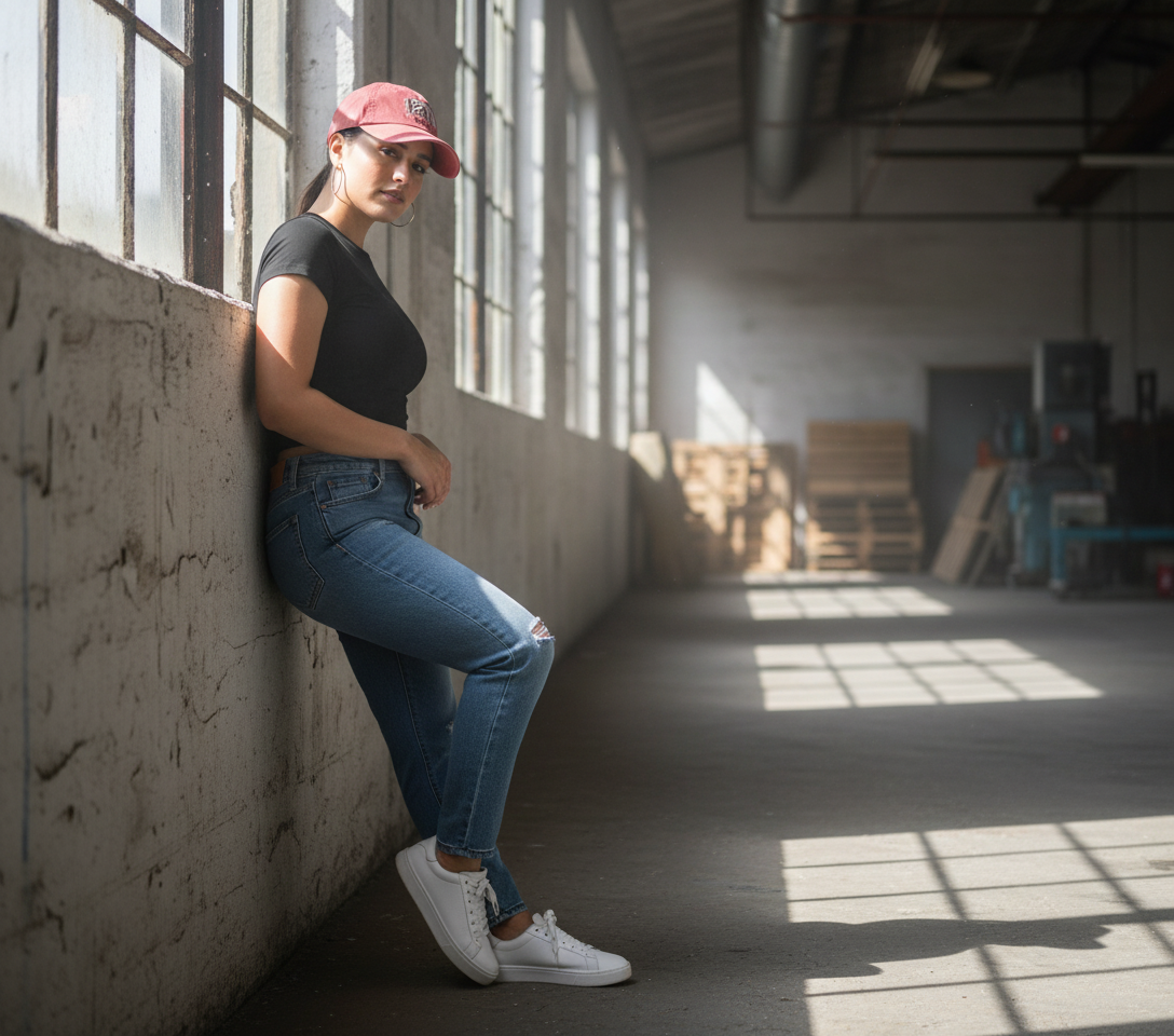 Modelo con gorra rosa 12TH en locación industrial