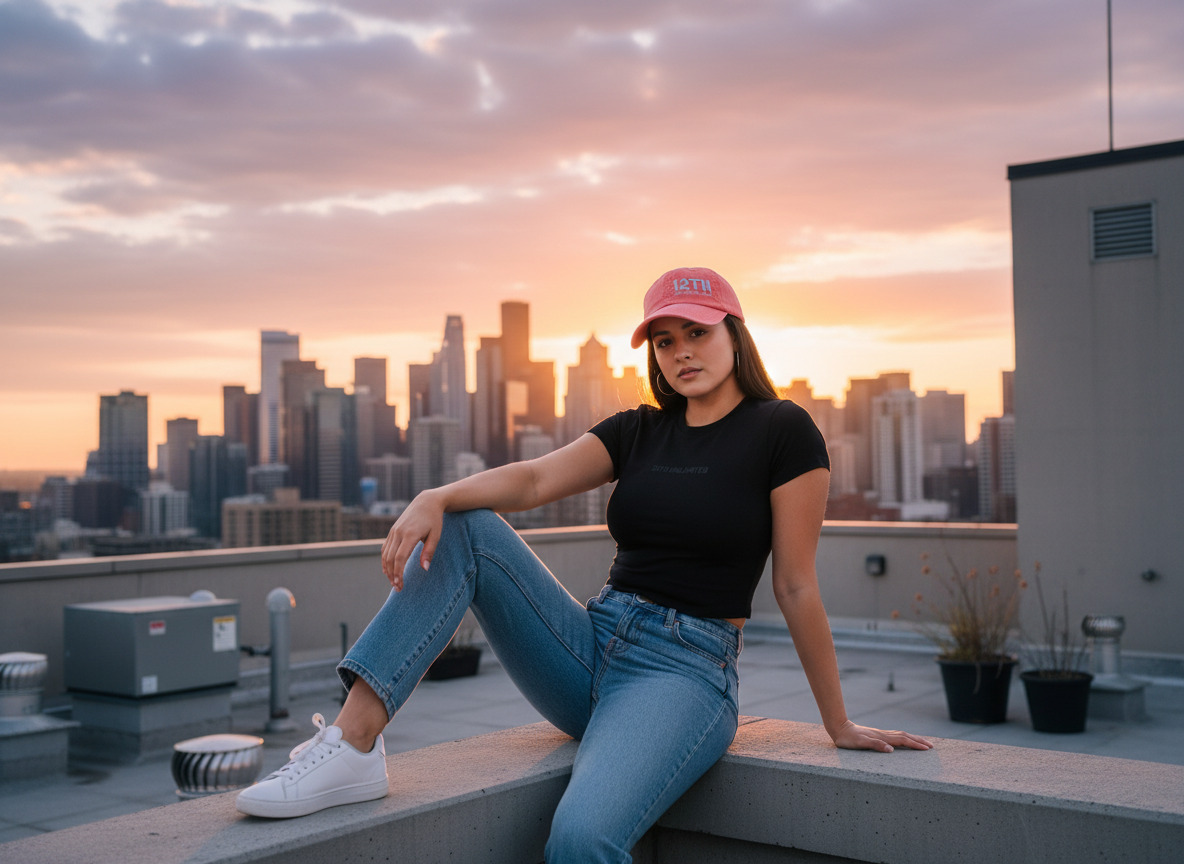Modelo con gorra rosa 12TH en rooftop