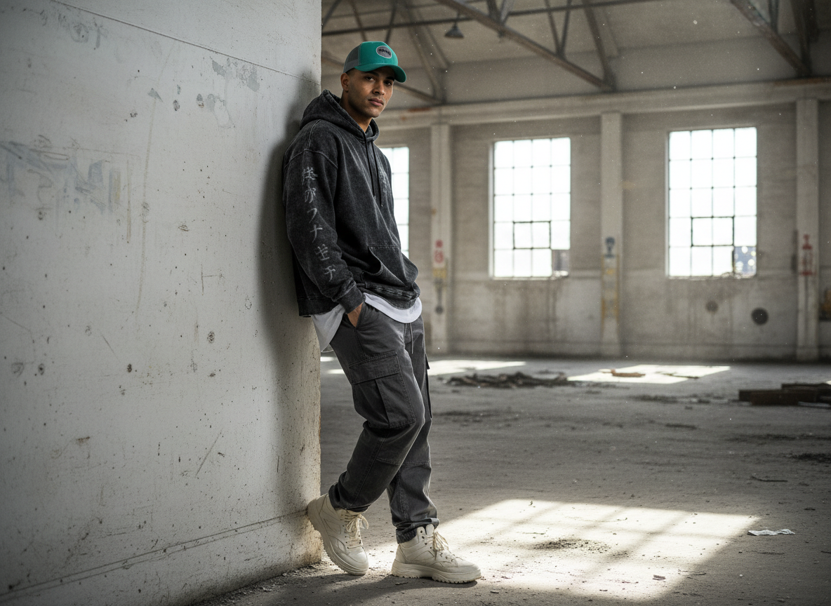 Modelo con gorra verde 12TH en locación industrial