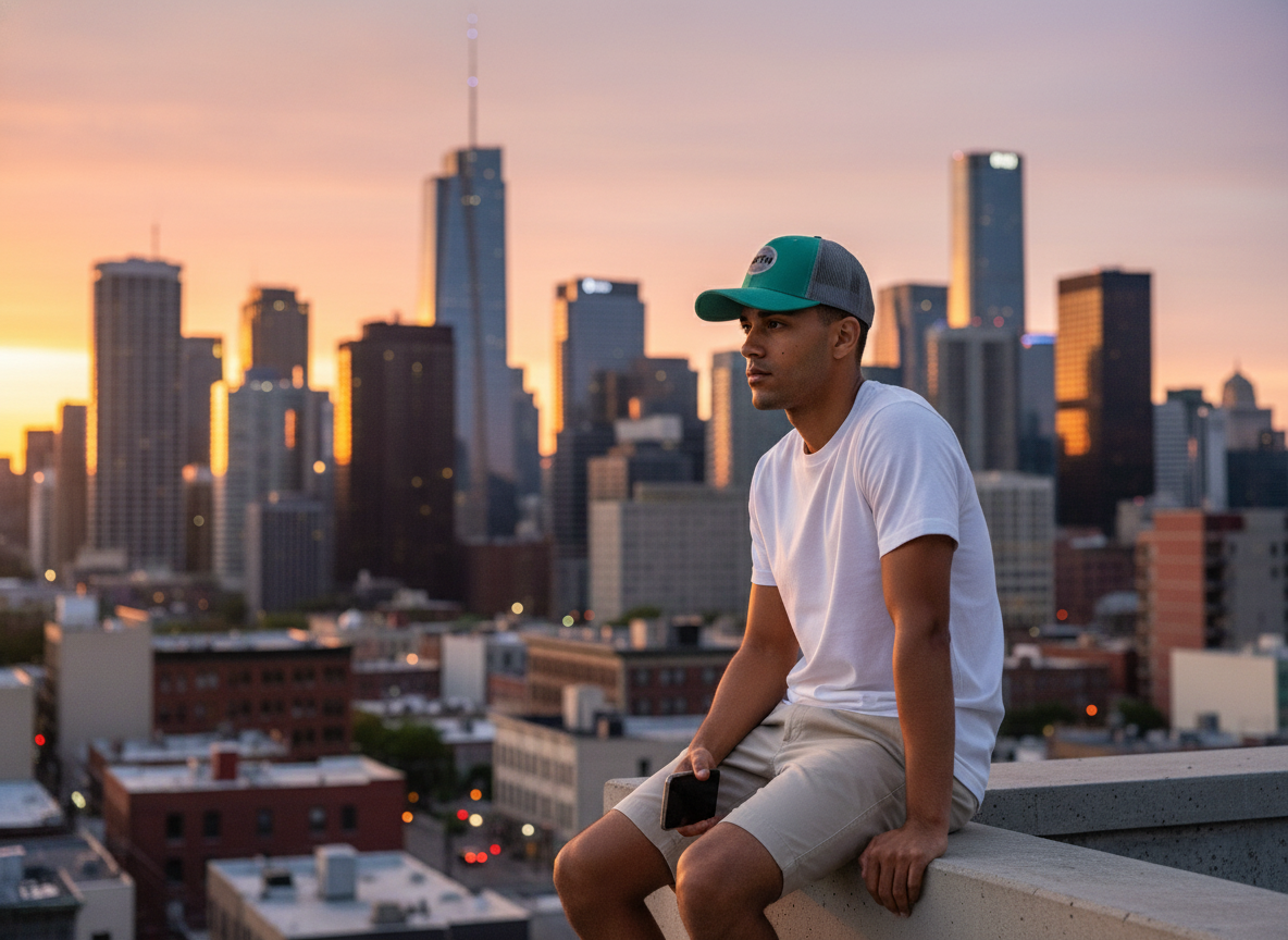 Modelo con gorra verde 12TH en rooftop