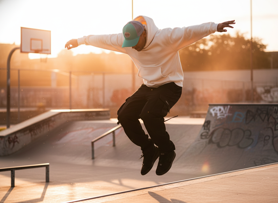 Modelo con gorra verde 12TH en skate park