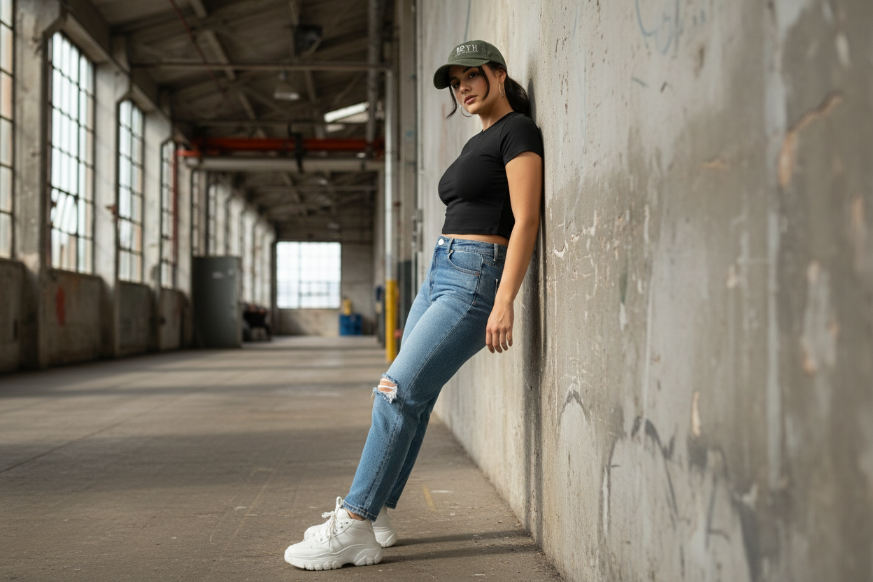 Modelo con gorra verde militar 12TH en locación industrial