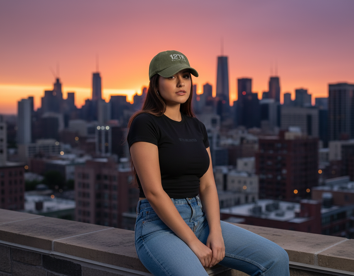 Modelo con gorra verde militar 12TH en rooftop