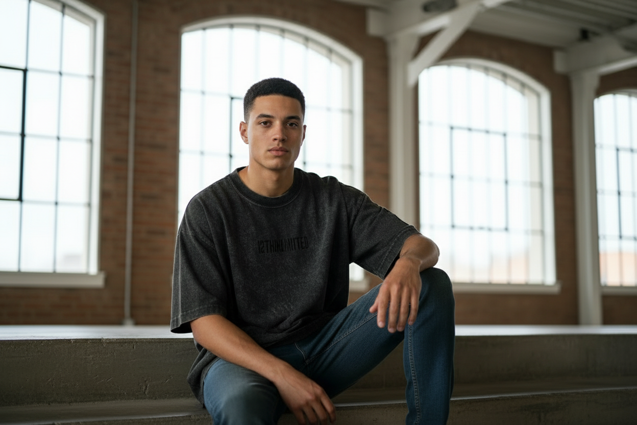 Modelo sentado en escalones