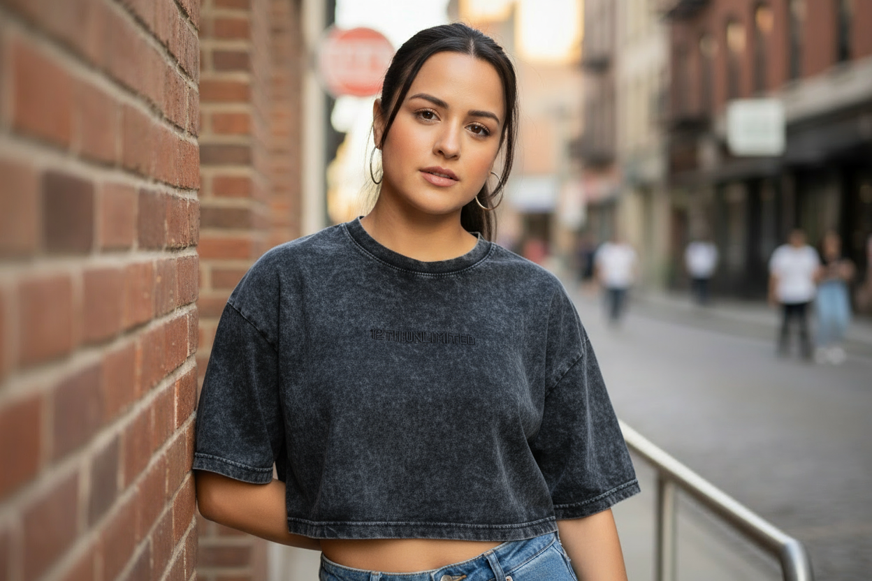 Modelo vistiendo Drop Top Onyx Flow negro acid wash