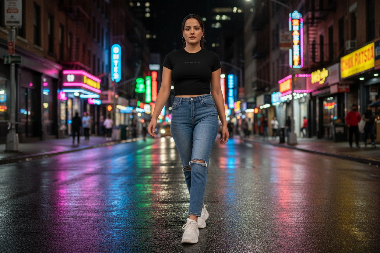 Polera en calle nocturna con luces neón