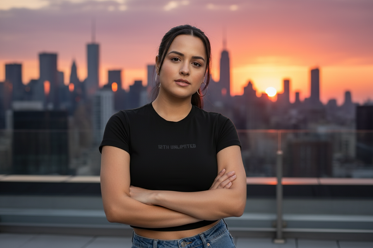 Polera en terraza con vista a la ciudad